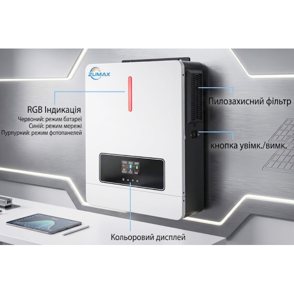 Комплект: гібридний інвертор Zumax MIC-4.2KW, 24В, MPPT сонячний контролер + LiFePO4 акумулятор 25.6V 100Ah 2560W + сонячна панель JА Solar JAM66D45-625/LB N-Type (625 Вт) Bifacial