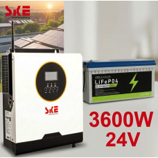 Комплект: гібридний інвертор SKE 3600(PH21)  3.6KW , 24В, чистий синус + LiFePo4 акумулятор 24v з дисплеєм, 25.6V 100AH ​​2560W